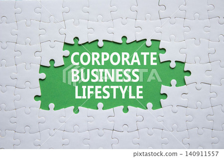 Corporate Business Lifestyle symbol. White puzzle with words Corporate Business Lifestyle. Beautiful green background. Business concept. Copy space. Corporate Business Lifestyle symbol. White puzzle with words Corporate Business Lifestyle. Beautiful green background. Business concept. Copy space. 140911557