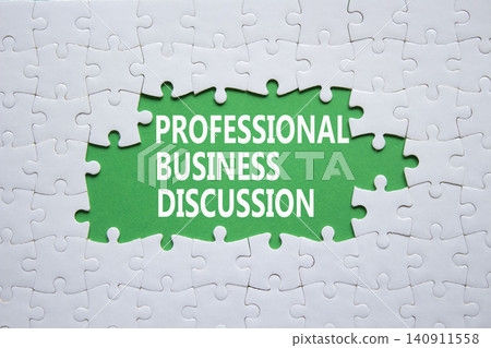 Professional Business Discussion symbol. White puzzle with words Professional Business Discussion. Beautiful green background. Business concept. Copy space. 140911558