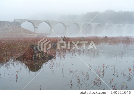 The Taushubetsu River Bridge in Kamishihoro Town, Hokkaido: A fantastical scene of an abandoned railway bridge enveloped in mist and autumn leaves. A tourist attraction. The Taushubetsu River Bridge in Kamishihoro Town, Hokkaido: A fantastical scene of an abandoned railway bridge enveloped in mist and autumn leaves. A tourist attraction. 140911646