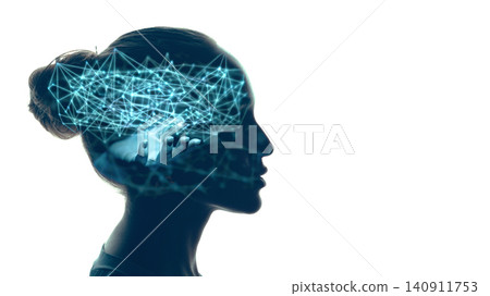 Double exposure of Human profile and digital glowing neon lines and abstract neural network inside his head. Artificial intelligence concept. 140911753