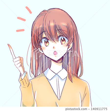 A female student speaking while pointing with her index finger. A female student speaking while pointing with her index finger. 140911775