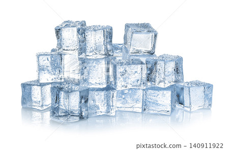 Crystal clear ice cubes with water drops isolated on white Crystal clear ice cubes with water drops isolated on white 140911922