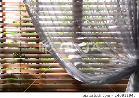 Window with beautiful curtain and blinds, closeup Window with beautiful curtain and blinds, closeup 140911945