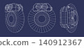 Design of a technical brake mechanism disc drawing different views on a blue background with white lines in a simple style 140912367