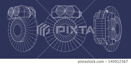 Design of a technical brake mechanism disc drawing different views on a blue background with white lines in a simple style Design of a technical brake mechanism disc drawing different views on a blue background with white lines in a simple style 140912367