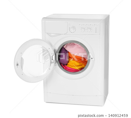 Modern washing machine with laundry isolated on white Modern washing machine with laundry isolated on white 140912459