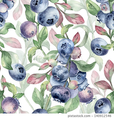 Blueberry repeat pattern of watercolor branches and leaves isolated. Botanical illustration of summer berries on seamless background. Artistic fruit textile design for fabric or wrapping paper print. Blueberry repeat pattern of watercolor branches and leaves isolated. Botanical illustration of summer berries on seamless background. Artistic fruit textile design for fabric or wrapping paper print. 140912546
