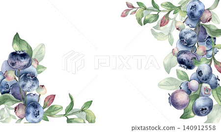 Blueberry on branches corner border frame watercolor isolated. Hand painted botanical illustration with fresh blue berry and green leaf. Delicate fruits plant element for invitation or package design. Blueberry on branches corner border frame watercolor isolated. Hand painted botanical illustration with fresh blue berry and green leaf. Delicate fruits plant element for invitation or package design. 140912558