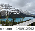 The emerald green Peyto Lake and the Canadian Rockies viewed from the observation deck. 140912592