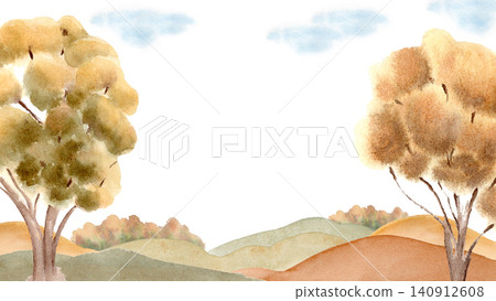 Watercolor autumn landscape with golden trees on rolling hilly terrain isolated. Hand drawn scene of fall nature with forest and clear cloudy sky. Seasonal backdrop with copy space for design. Watercolor autumn landscape with golden trees on rolling hilly terrain isolated. Hand drawn scene of fall nature with forest and clear cloudy sky. Seasonal backdrop with copy space for design. 140912608