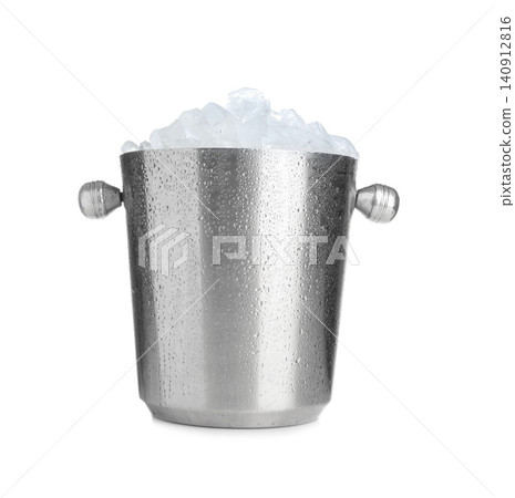 Metal bucket with ice cubes isolated on white Metal bucket with ice cubes isolated on white 140912816