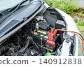 A stock photo of a car helping another car with a dead battery; jumper cables are connected to the battery. 140912838