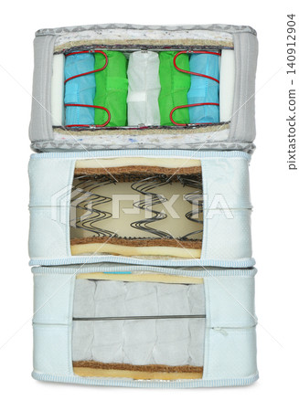 Samples of modern orthopedic mattress on white background Samples of modern orthopedic mattress on white background 140912904