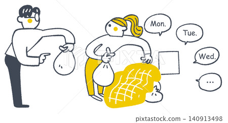 Illustrations of a man and woman teaching the rules for garbage disposal by day of the week. Illustrations of a man and woman teaching the rules for garbage disposal by day of the week. 140913498