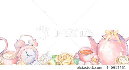 A hand-drawn seamless watercolor border featuring a tea party. Vintage pink teapot, mug, saucer, teaspoon, alarm clock, meringue, and cappuccino. Suitable for packaging, printing, and design. 140913561