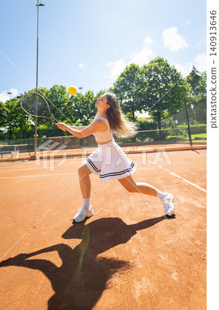 Young woman plays tennis on clay court during sunny day with clear blue sky and green trees in the background Young woman plays tennis on clay court during sunny day with clear blue sky and green trees in the background 140913646