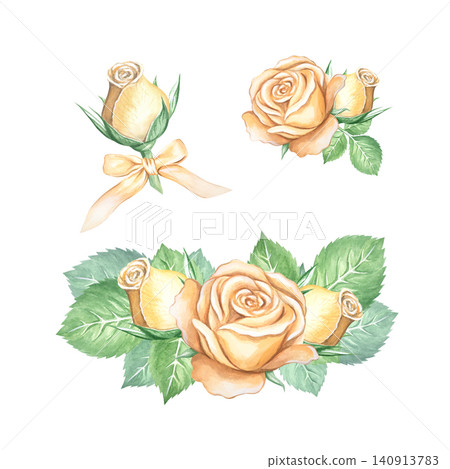 A set of watercolor tea rose buds. The spring and summer flowers in the composition are hand-painted. A sprig of green leaves is a highlight of the bouquet. For design, invitations, cards A set of watercolor tea rose buds. The spring and summer flowers in the composition are hand-painted. A sprig of green leaves is a highlight of the bouquet. For design, invitations, cards 140913783