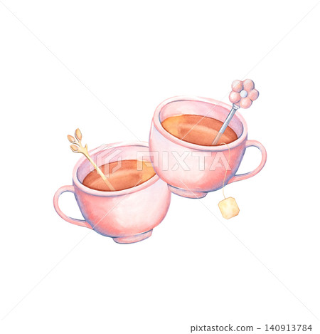 A hand-painted watercolor pink mug with tea and a spoon. An isolated composition with a tea pair for morning and breakfast. A home-cooked tea party. Cute tableware for the home kitchen. For design A hand-painted watercolor pink mug with tea and a spoon. An isolated composition with a tea pair for morning and breakfast. A home-cooked tea party. Cute tableware for the home kitchen. For design 140913784