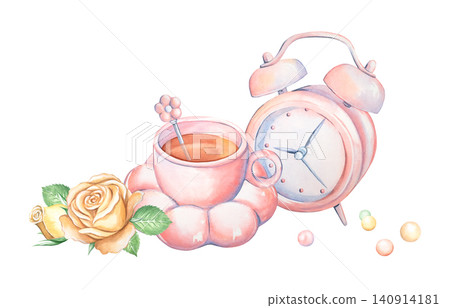 Watercolor tea party composition. Hand-painted pink mug, spoon, alarm clock, and rose. Time for tea. Cute tableware for the home and kitchen. In a coquette style for design, print, and menus. Watercolor tea party composition. Hand-painted pink mug, spoon, alarm clock, and rose. Time for tea. Cute tableware for the home and kitchen. In a coquette style for design, print, and menus. 140914181