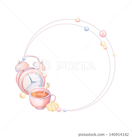A round watercolor frame with a tea party. A pink mug, spoon, alarm clock, and meringue are hand-drawn. It's tea time. Cute tableware for the home and kitchen. In a coquette style for design, print A round watercolor frame with a tea party. A pink mug, spoon, alarm clock, and meringue are hand-drawn. It's tea time. Cute tableware for the home and kitchen. In a coquette style for design, print 140914182