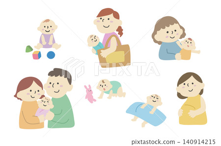 Hand-drawn illustration: A set of a baby and young parents. Hand-drawn illustration: A set of a baby and young parents. 140914215