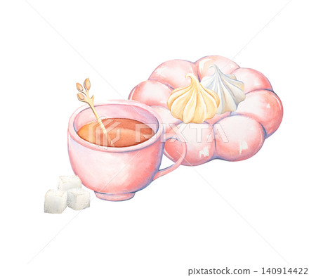 Watercolor illustration of a pink teacup and sweets. Breakfast with tea, meringue, and sugar. Isolated mug, saucer, and spoon are hand-drawn. Tea set for the home. Suitable for design, menus Watercolor illustration of a pink teacup and sweets. Breakfast with tea, meringue, and sugar. Isolated mug, saucer, and spoon are hand-drawn. Tea set for the home. Suitable for design, menus 140914422