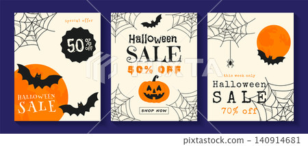 halloween sale posters set with pumpkin and bats vector illustration. 140914681