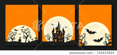 spooky halloween flyer collection in orange tones. spooky halloween flyer collection in orange tones. 140914684