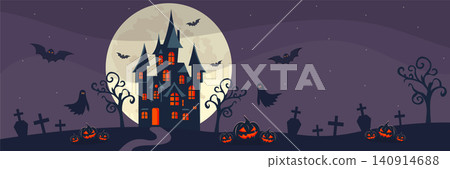 halloween night background with haunted castle and pumpkins vector illustration. halloween night background with haunted castle and pumpkins vector illustration. 140914688