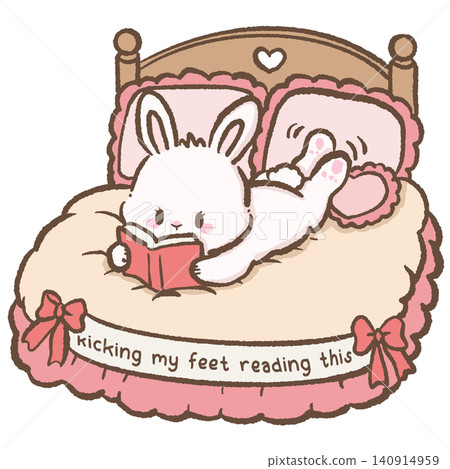Cute Romance Reader Bunny Lying on a Cozy Pink Bed Kicking My Feet Reading This Romance Novel Book Lover Digital Clipart 140914959