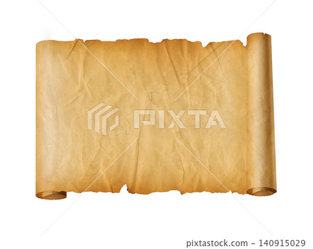 Old crumpled mediaeval Parchment paper scroll isolated on white Old crumpled mediaeval Parchment paper scroll isolated on white 140915029