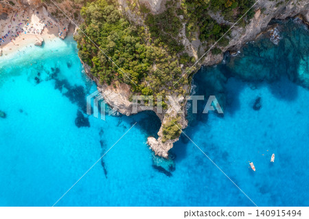 Top down view of boats in turquoise water on summer sunny day 140915494