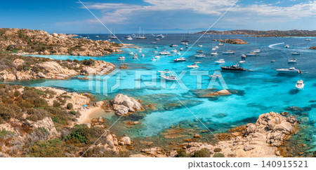 Aerial view of luxury yachts and boats on blue sea, island Aerial view of luxury yachts and boats on blue sea, island 140915521