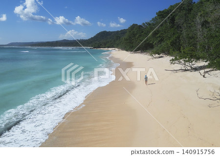 Aerial perspective capturing tranquil island coast with forest and ocean meeting 140915756