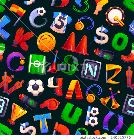 Soccer font european football type letters seamless pattern. Soccer typeface seamless print, sport game alphabet font pattern with jersey and shoes, scarf, drum and horn, winner cup, field and ball Soccer font european football type letters seamless pattern. Soccer typeface seamless print, sport game alphabet font pattern with jersey and shoes, scarf, drum and horn, winner cup, field and ball 140915776