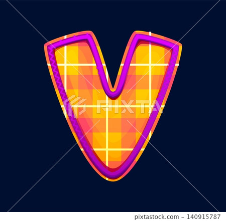Cartoon patch font motley yellow checkered letter V, patchwork typeface, ABC English clubber patch alphabet type. Patch font or typeface. Fabric typeset with orange, red checkered pattern, purple seam Cartoon patch font motley yellow checkered letter V, patchwork typeface, ABC English clubber patch alphabet type. Patch font or typeface. Fabric typeset with orange, red checkered pattern, purple seam 140915787
