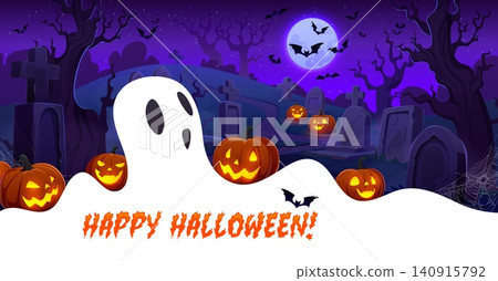 Happy Halloween greeting card with abandoned graveyard, white ghost and scary pumpkin lanterns. Halloween holiday vector flyer with ghost scared face, Jack o lantern, cemetery graves and flying bats Happy Halloween greeting card with abandoned graveyard, white ghost and scary pumpkin lanterns. Halloween holiday vector flyer with ghost scared face, Jack o lantern, cemetery graves and flying bats 140915792