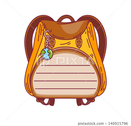 Travel yellow backpack kids memo note template. Summer vacation travel label, holiday journey planner vector frame. Tourism trip kids memo note with yellow and brown backpack, Earth globe on keychain 140915796