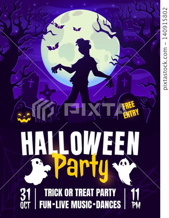 Scary zombie monster on abandoned graveyard, Halloween night party flyer. October holiday vector poster, horror season placard. Halloween party flyer with night cemetery graves, zombie and full moon Scary zombie monster on abandoned graveyard, Halloween night party flyer. October holiday vector poster, horror season placard. Halloween party flyer with night cemetery graves, zombie and full moon 140915802