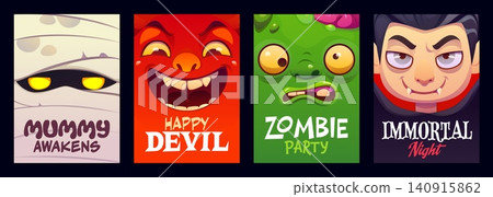 Happy Halloween posters with scary monsters and characters of mummy and evil, dracula and zombie faces. Halloween holiday party vector poster. October horror season flyer with funny monsters faces Happy Halloween posters with scary monsters and characters of mummy and evil, dracula and zombie faces. Halloween holiday party vector poster. October horror season flyer with funny monsters faces 140915862