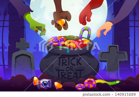 Halloween trick or treat candies with monster hands. Halloween zombie, devil and werewolf monsters hands reaching witch pot full of jelly worms, lollypops and eye candies on night cemetery graveyard Halloween trick or treat candies with monster hands. Halloween zombie, devil and werewolf monsters hands reaching witch pot full of jelly worms, lollypops and eye candies on night cemetery graveyard 140915889