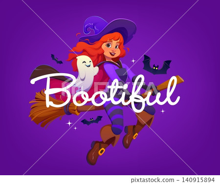 Happy Halloween greeting card with holiday quote bootiful. Halloween holiday vector banner with young red hair witch flying on broom, funny ghost and bat cartoon characters, bootiful handwritten text Happy Halloween greeting card with holiday quote bootiful. Halloween holiday vector banner with young red hair witch flying on broom, funny ghost and bat cartoon characters, bootiful handwritten text 140915894