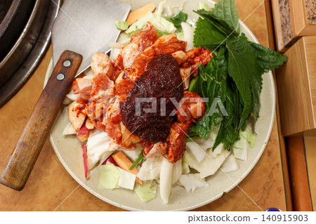 Raw Spicy Korean Chicken Stir Fry Dakgalbi with Vegetables Raw Spicy Korean Chicken Stir Fry Dakgalbi with Vegetables 140915903