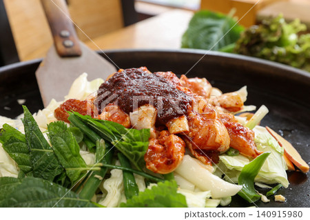 Raw Spicy Korean Chicken Stir Fry Dakgalbi with Vegetables 140915980