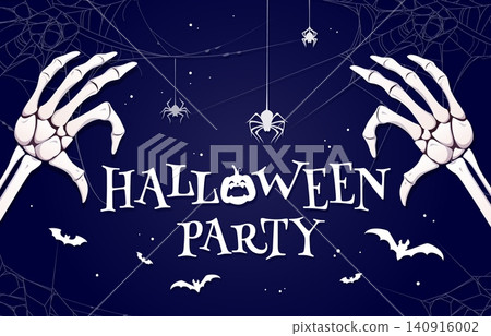 Halloween party flyer with skeleton hands and hanging cobweb threads. Autumn holiday vector banner, Halloween party event poster. Horror celebration flyer with human hand bones, spiderweb and bats Halloween party flyer with skeleton hands and hanging cobweb threads. Autumn holiday vector banner, Halloween party event poster. Horror celebration flyer with human hand bones, spiderweb and bats 140916002
