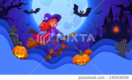 Halloween paper cut greeting card with flying witch and abandoned dark castle. Horror celebration paper cut vector flyer, Autumn season banner. Halloween greeting card with cemetery gravestones Halloween paper cut greeting card with flying witch and abandoned dark castle. Horror celebration paper cut vector flyer, Autumn season banner. Halloween greeting card with cemetery gravestones 140916006