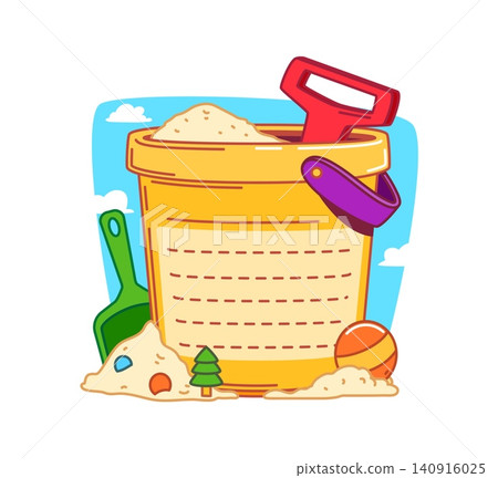 Kids memo note frame with sand bucket and shovels toy. Scrapbook vector frame, kids diary memo note. Schedule label with yellow bucket filled with beach sand, green and red shovels on sky background Kids memo note frame with sand bucket and shovels toy. Scrapbook vector frame, kids diary memo note. Schedule label with yellow bucket filled with beach sand, green and red shovels on sky background 140916025