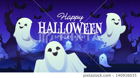 Halloween greetings card with flying eerie and scary ghosts on abandoned night cemetery graveyard. Autumn horror season vector banner, October party flyer. Halloween holiday spooky greeting card Halloween greetings card with flying eerie and scary ghosts on abandoned night cemetery graveyard. Autumn horror season vector banner, October party flyer. Halloween holiday spooky greeting card 140916035