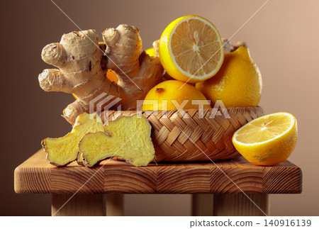 Fresh organic lemons and ginger roots on a wooden board. Fresh organic lemons and ginger roots on a wooden board. 140916139