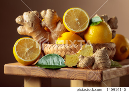 Fresh organic lemons and ginger roots on a rustic wooden board. Fresh organic lemons and ginger roots on a rustic wooden board. 140916140